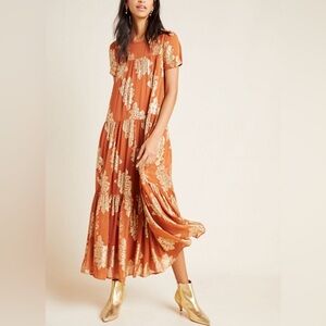 Anthropologie Jocosta Tiered Orange and Gold Maxi Dress